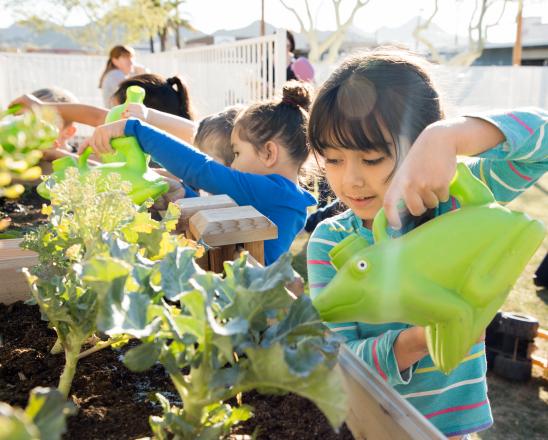 Kids watering a community garden